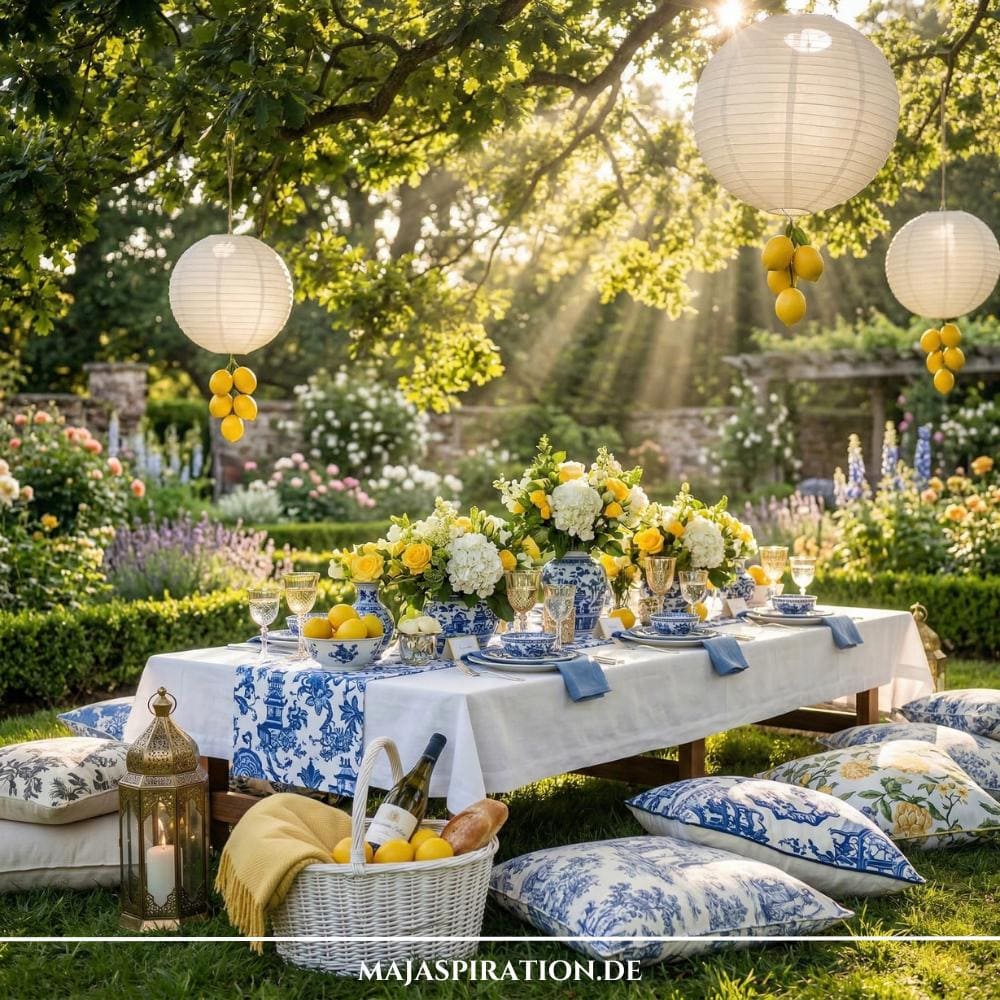 Eine stimmungsvolle Außenaufnahme eines festlich gedeckten Picknicktisches, der reich an Gartenparty Deko Ideen im Positano-Stil ist. Der Tisch zeigt blau-weiß gemustertes Geschirr, frische Zitronen in Schalen und als Lampion-Akzente sowie üppige gelbe und weiße Blumensträuße in passenden Vasen. Die umgebende Wiese ist mit gemütlichen Bodenkissen und einer Laterne geschmückt, alles unter warmem Sonnenlicht, um diese inspirierenden Gartenparty Deko Ideen perfekt in Szene zu setzen.