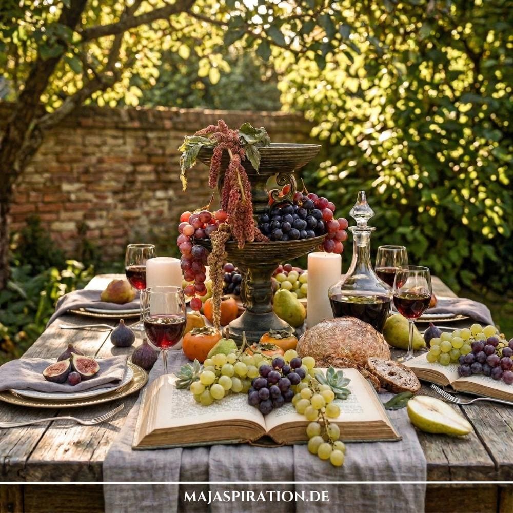 Dieses atmosphärische Bild zeigt eine rustikale, essbare Tischdekoration, die sich perfekt als eine der besten Gartenparty Deko Ideen eignet. Im Zentrum steht eine metallene Etagere, überquellend mit Trauben und Amarant, umgeben von Wein, Brot, Feigen und Kerzen auf einem Leinenläufer. Die Szenerie fängt den rustikalen Charme eines Abendessens im Freien ein und bietet zahlreiche Gartenparty Deko Ideen zum Nachmachen.