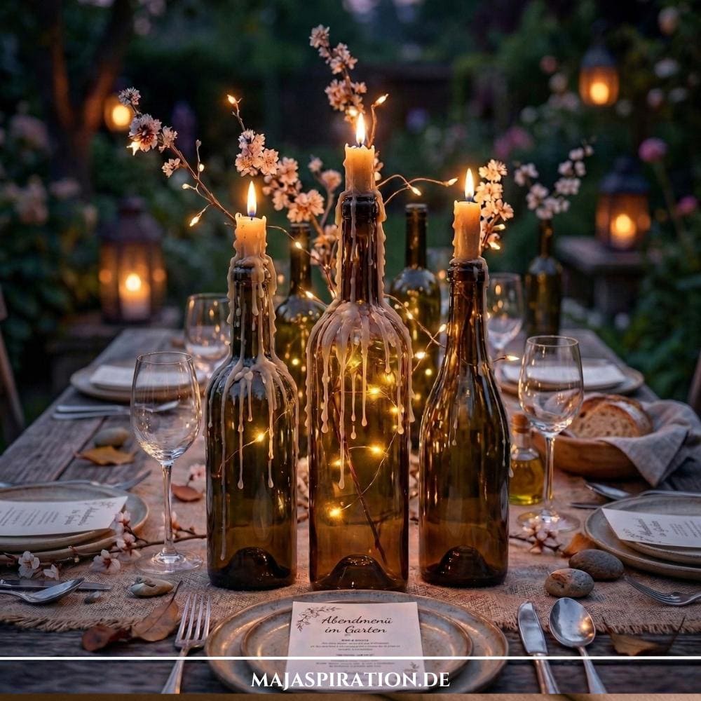 Eine stimmungsvoll gedeckte Abendtafel für ein Gartenfest mit kreativen Gartenparty Deko Ideen. Im Fokus stehen rustikale Upcycling-Kerzenständer aus alten Weinflaschen, die mit geschmolzenem Wachs überzogen sind, Lichterketten im Inneren tragen und zarte Kirschblütenzweige halten.