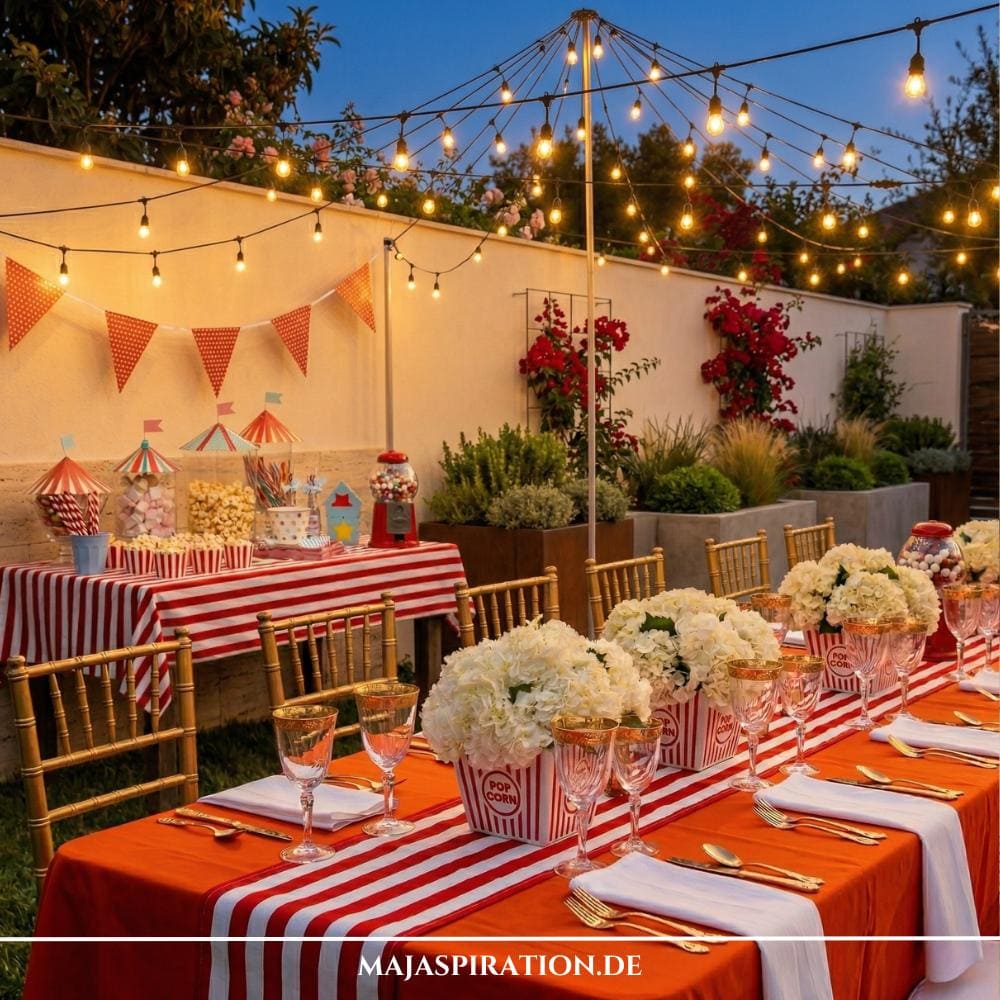 Kreative Gartenparty Deko Ideen: Ein detaillierter Blick auf einen festlich gedeckten Tisch im Vintage-Zirkus-Thema, komplett mit rot-weiß gestreiften Läufern, Popcorn-Behältern als Vasen für weiße Hortensien und goldenen Chiavari-Stühlen. Die Anordnung unter einem Baldachin aus funkelnden Lichterketten und einem Süßigkeiten-Buffet im Hintergrund bietet einzigartige Inspirationen für unvergessliche Gartenparty Deko Ideen.