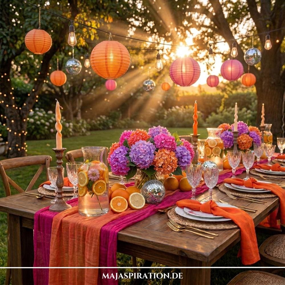 Eine stimmungsvolle, farbenfrohe Gartenparty Deko Ideen Inspiration auf einem rustikalen Holztisch mit Hortensien und Zitrusfrüchten im Sonnenuntergang. Über dem Tisch hängen orangefarbene und lila Lampions sowie Lichterketten mit Spiegelbällen, die eine magische Atmosphäre schaffen. Der Tisch ist mit Magenta- und Orangetönen, goldenen Akzenten und Stoffservietten gedeckt.