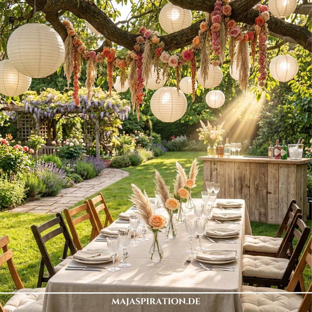 Diese romantischen Gartenparty Deko Ideen präsentieren eine lange, festlich gedeckte Tafel im Freien, über der weiße Lampions und üppige Blumengirlanden aus Rosen und Pampasgras hängen. Die Szenerie im üppig blühenden Garten mit Steinweg und Holzbar liefert wertvolle Inspirationen für gelungene Gartenparty Deko Ideen und sommerliche Feste.