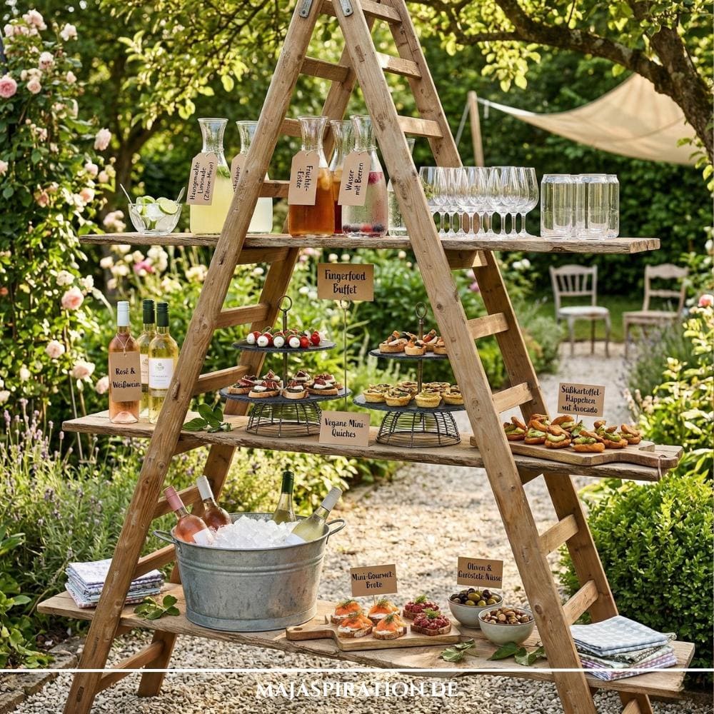 Rustikale Leiterbar als Inspiration für kreative Gartenparty Deko Ideen mit verschiedenen Ebenen für Getränke-Karaffen und Fingerfood. Auf den Holzbrettern der umfunktionierten Leiter sind Vorspeisen-Etageren, Weinflaschen in einer Zinkwanne und dekorative Menükärtchen in einem sommerlichen Garten arrangiert.