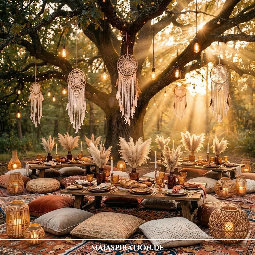 Inspiration für unvergessliche Gartenparty Deko Ideen im angesagten Boho-Stil unter einem großen Baum im warmen Sonnenuntergang. Zu sehen sind detailreiche Arrangements mit Traumfängern, Lichterketten, Rattan-Laternen und gemütlichen Bodenkissen für eine Picknick-Atmosphäre. Diese kreativen Gartenparty Deko Ideen verwandeln jeden Außenbereich in eine magische Oase.