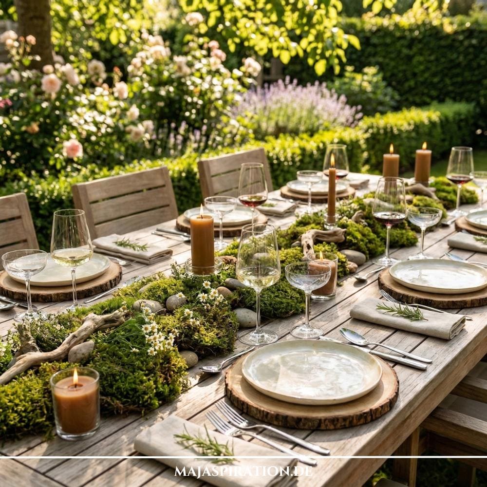 Detaillierter Blick auf eine naturnahe, rustikal-elegante Tischdekoration mit einem langen Moos-Tischläufer und Kerzen für inspirierende Gartenparty Deko Ideen. Die Szene zeigt Baumscheiben-Platzteller, verschiedene Gläser und Leinen-Servietten auf einem Holztisch, umgeben von einem üppigen, blühenden Garten im warmen Sonnenlicht.
