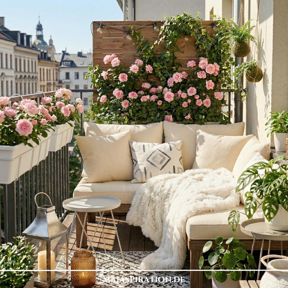 Stilvoll eingerichtete Sitzecke mit hellen Polstern und einem vertikalen Garten aus rosa Rosen, um einen kleinen Balkon zu gestalten in einer Mietwohnung. Das hölzerne Rankgitter dient als natürlicher Sichtschutz und bringt üppiges Grün auf begrenzten Raum.