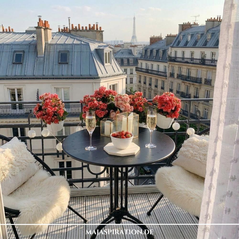 Inspiration zum Balkon gestalten in Mietwohnung: Ein kleiner französischer Balkon mit rosa Blumen in Geländertöpfen, gemütlichen Stühlen mit weißen Fellauflagen und Blick auf den Eiffelturm. Diese platzsparende Dekoration zeigt, wie man mit Lichterketten und Pflanzen eine stimmungsvolle Wohlfühloase schafft.