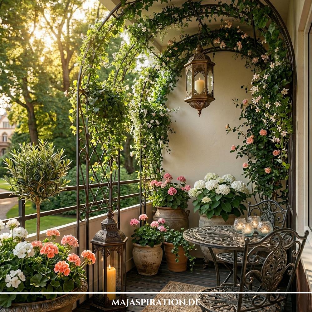 Ein romantisch dekorierter Außenbereich mit einem Metallbogen voller Kletterpflanzen zeigt, wie man stilvoll einen Balkon gestalten in Mietwohnung kann. Die Szene kombiniert blühende Blumen in Töpfen mit einem filigranen Bistro-Set und einer marokkanischen Laterne für eine gemütliche Atmosphäre.