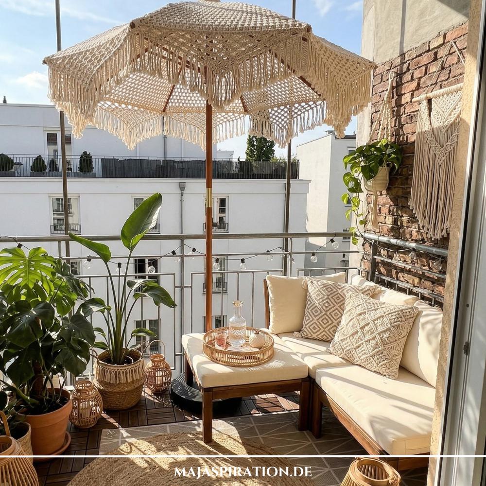 Ein gemütlich eingerichteter Balkon mit einem hellen Makramee-Sonnenschirm, Loungemöbeln aus Holz und vielen grünen Pflanzen. Die stimmige Dekoration zeigt, wie man mit Textilien und mobilem Sonnenschutz stilvoll einen kleinen Balkon gestalten in Mietwohnung kann.