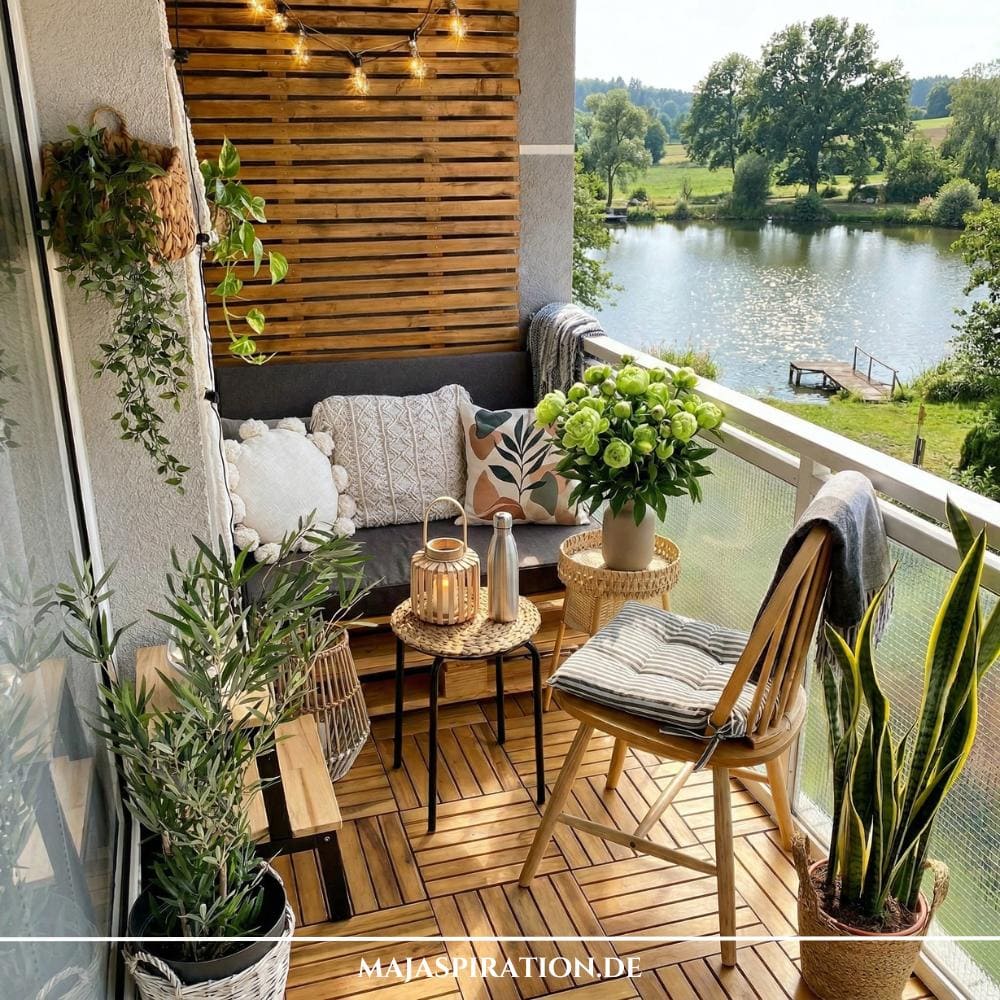 Ein gemütlich eingerichteter Balkon mit Holzboden aus Klickfliesen, Palettenmöbeln und Blick auf einen See. Wer seinen Balkon gestalten in Mietwohnung möchte, findet hier Inspiration durch die Kombination aus wetterfesten Holzfliesen, grünen Pflanzen und stimmungsvollen Lichterketten.