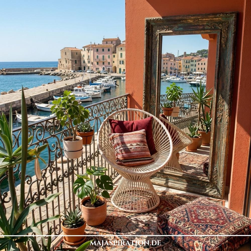 Mediterranen Balkon gestalten in Mietwohnung mit einem großen, verzierten Standspiegel, der den Ausblick auf das Meer reflektiert. Die gemütliche Gestaltung umfasst einen hellen Korbsessel, orientalische Teppiche und zahlreiche Terrakotta-Töpfe mit Pflanzen für eine private Wohlfühloase.