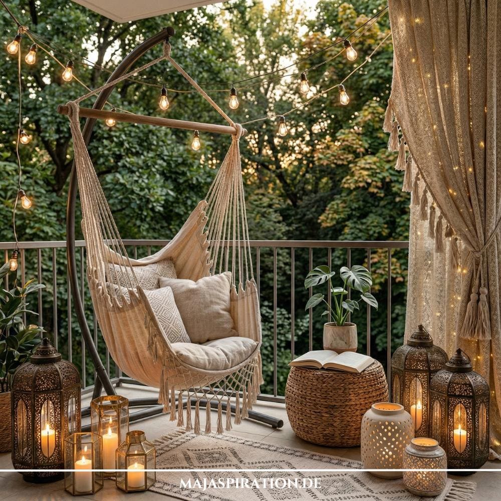 Ein gemütlich dekorierter Außenbereich mit Hängesessel, Boho-Teppich und vielen Lichtern. Beim Balkon gestalten in Mietwohnung sind Solar-Laternen die ideale Lösung für eine stimmungsvolle Beleuchtung ohne bauliche Veränderungen.