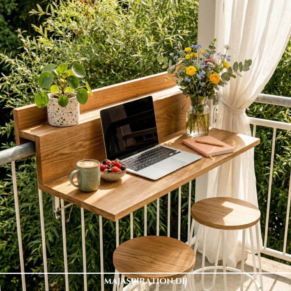 Ein schmaler Holz-Hängetisch am Geländer dient als platzsparende Inspiration, um einen kleinen Balkon zu gestalten in einer Mietwohnung. Die Szene zeigt ein gemütliches Outdoor-Homeoffice mit Laptop, Kaffee und Pflanzen auf begrenztem Raum.