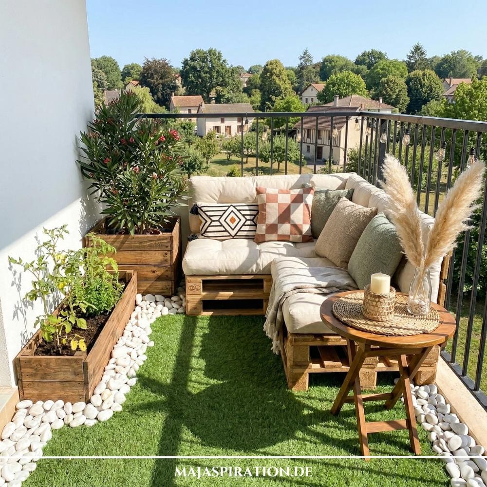 Inspiration zum Balkon gestalten in Mietwohnung: Ein gemütlich eingerichteter Außenbereich mit grünem Kunstrasen, hellen Palettenmöbeln und einer dekorativen Umrandung aus weißen Kieselsteinen. Rustikale Holzpflanzkästen und Boho-Deko unterstreichen die einladende Atmosphäre dieser flexiblen Gestaltungsidee.