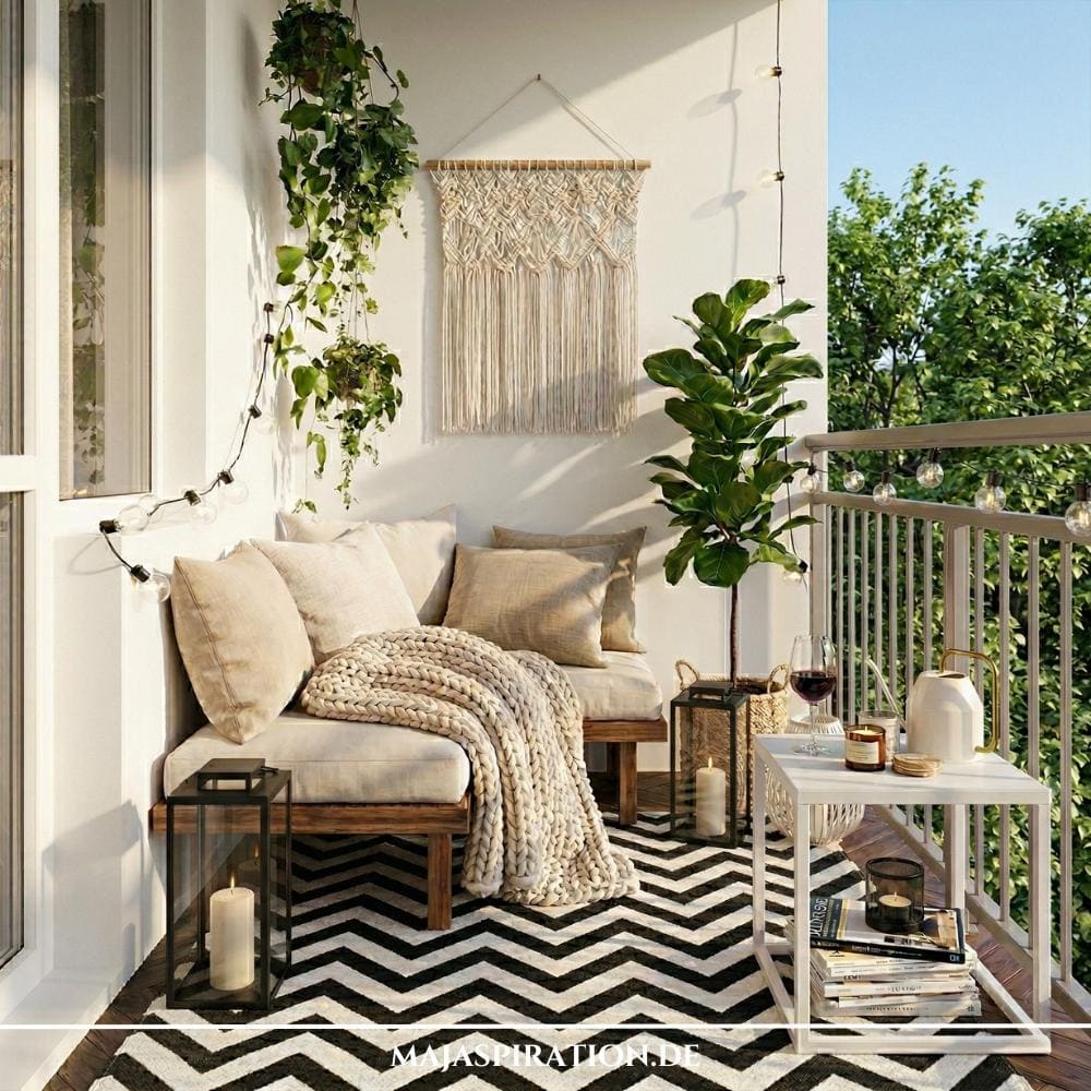 Modern eingerichteter Außenbereich mit schwarz-weißem Zickzack-Teppich und gemütlicher Holzlounge. Beim Balkon gestalten in Mietwohnung sorgen Textilien, Makramee-Wanddeko und stimmungsvolle Laternen für ein wohnliches Ambiente ohne bauliche Veränderungen. Grüne Pflanzen wie eine Geigenfeige und Hängegewächse verleihen dem Design natürliche Frische.