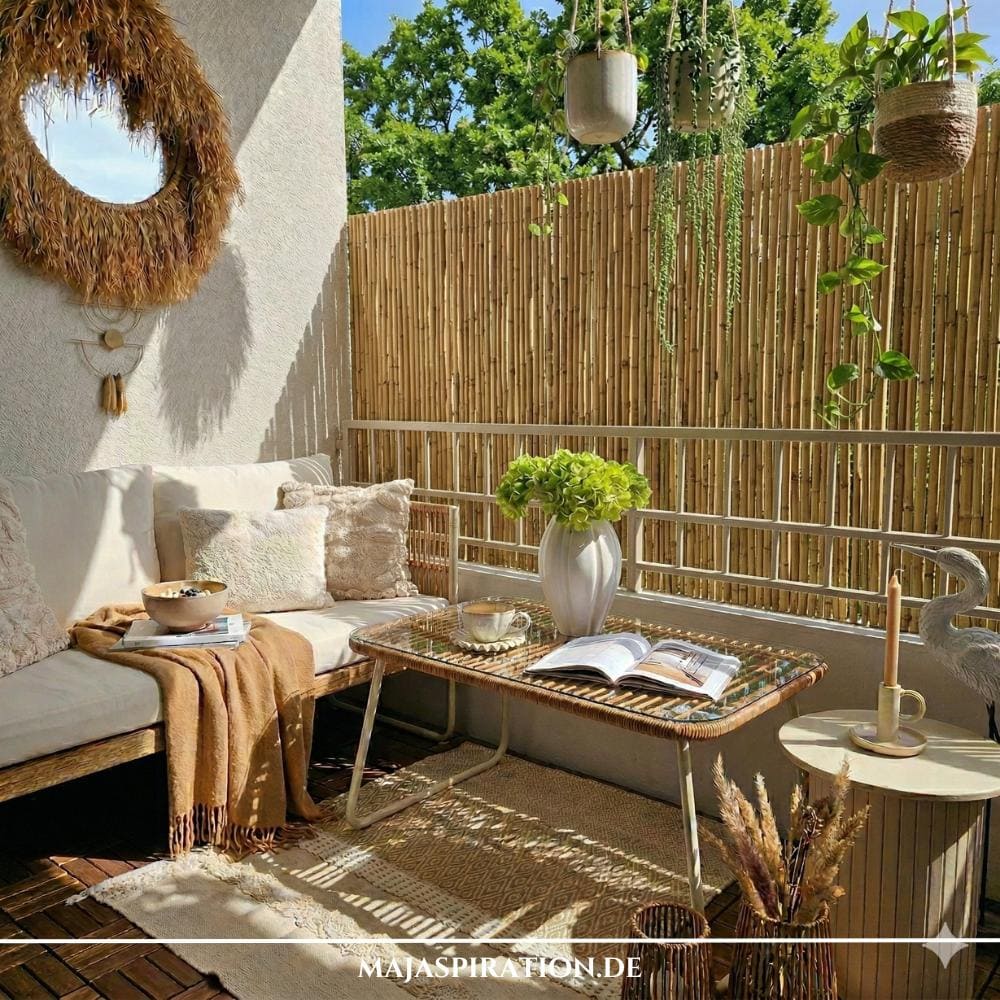 Gemütlich den Balkon gestalten in Mietwohnung mit einem natürlichen Sichtschutz aus Bambus und einer hellen Lounge-Ecke im Boho-Stil. Die Dekoration mit Outdoorteppich, Makramee-Spiegel und hängenden Grünpflanzen zeigt, wie man auch auf wenig Raum eine private Wohlfühloase schafft.