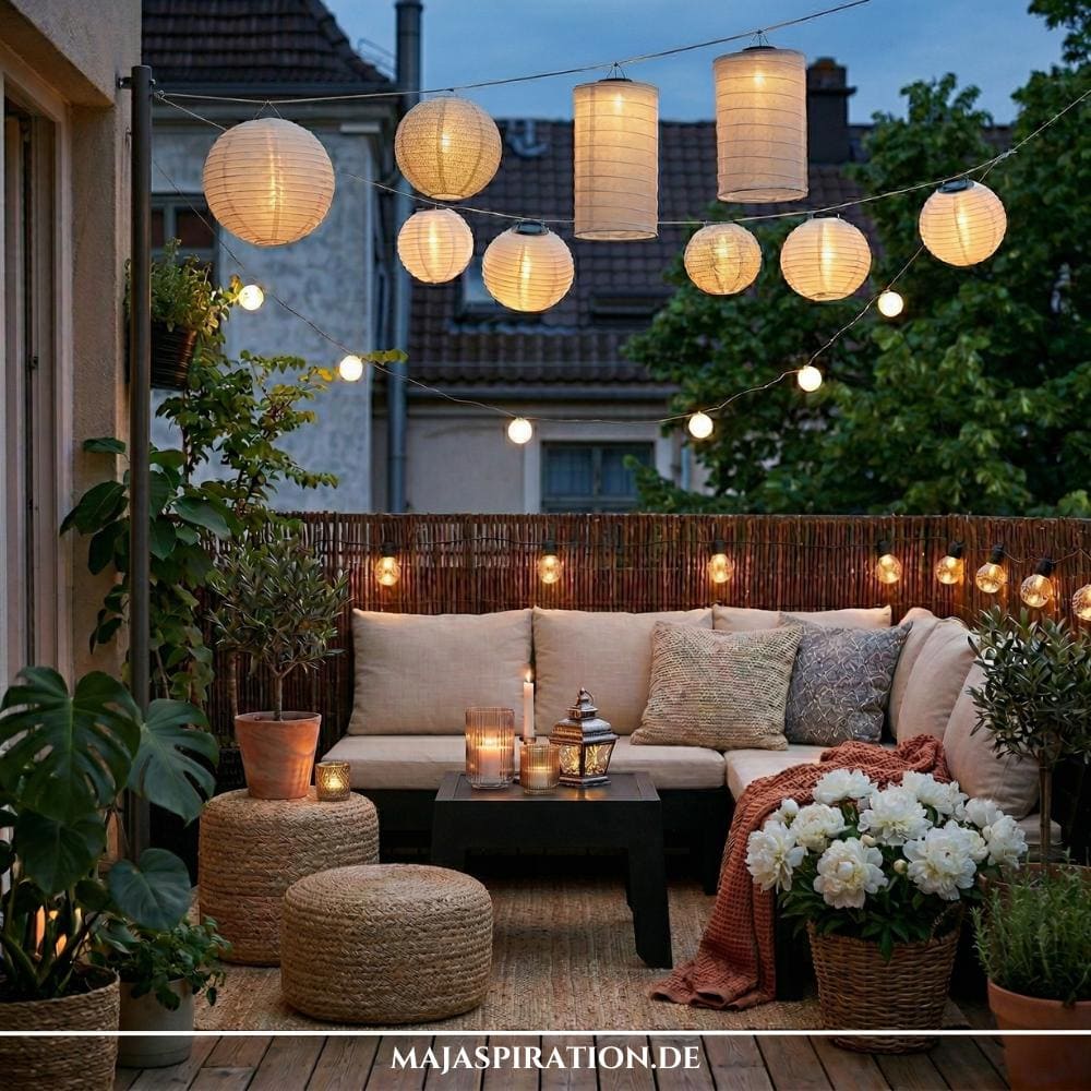 Gemütlich den Balkon gestalten in Mietwohnung mit warmweißen LED-Lampions, Lichterketten und einer bequemen Ecklounge. Die stimmungsvolle Beleuchtung über der Sitzecke mit Jute-Hockern und vielen Pflanzen schafft eine einladende Atmosphäre im Freien.
