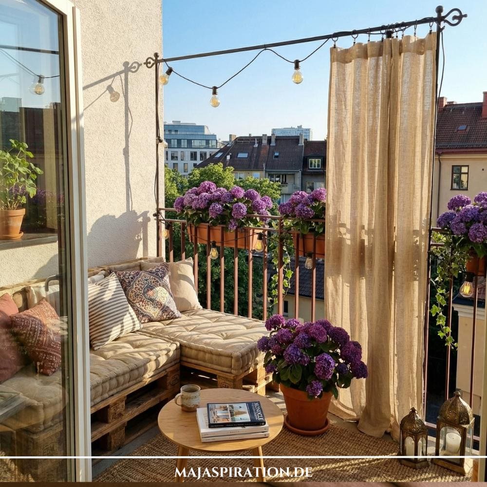 Gemütlicher Außenbereich mit Palettenmöbeln und violetten Hortensien, der zeigt, wie man stilvoll einen Balkon gestalten kann in einer Mietwohnung. Ein heller Textilvorhang dient als dekorativer Sichtschutz und sorgt zusammen mit Lichterketten für eine behagliche Atmosphäre.