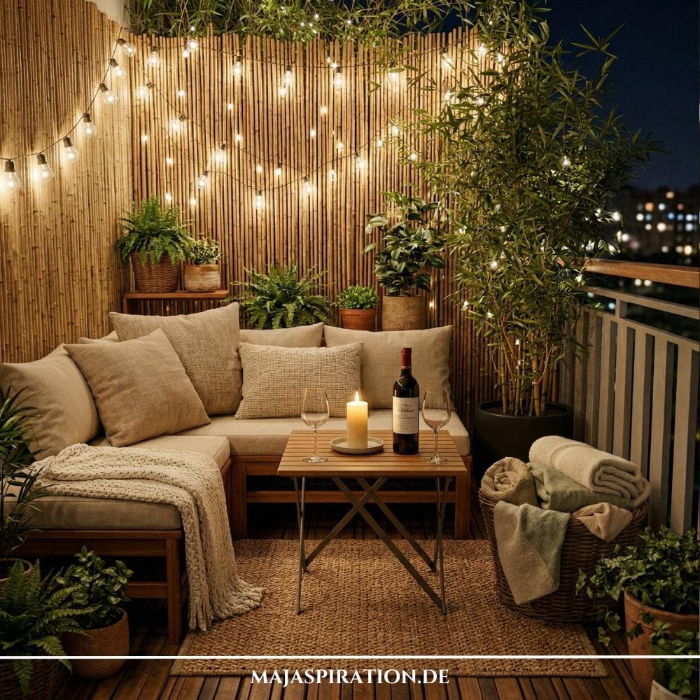 Ein gemütlich eingerichteter Außenbereich mit Lichterketten am Sichtschutz zeigt, wie du stilvoll einen Balkon gestalten in Mietwohnung kannst. Die Kombination aus Holzmöbeln, warmem Licht und Bambuselementen schafft Privatsphäre und eine einladende Atmosphäre.