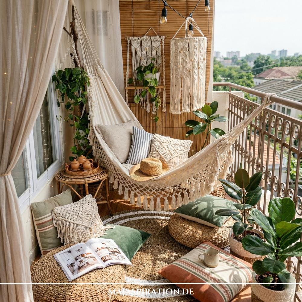 Ein gemütlich eingerichteter Balkon im Boho-Stil mit Hängematte und vielen Bodenkissen zeigt, wie man kreativ einen kleinen Balkon gestalten in Mietwohnung kann. Die Kombination aus Makramee-Deko, grünen Zimmerpflanzen und Textilien in Naturtönen schafft eine wohnliche Atmosphäre ohne bauliche Veränderungen.
