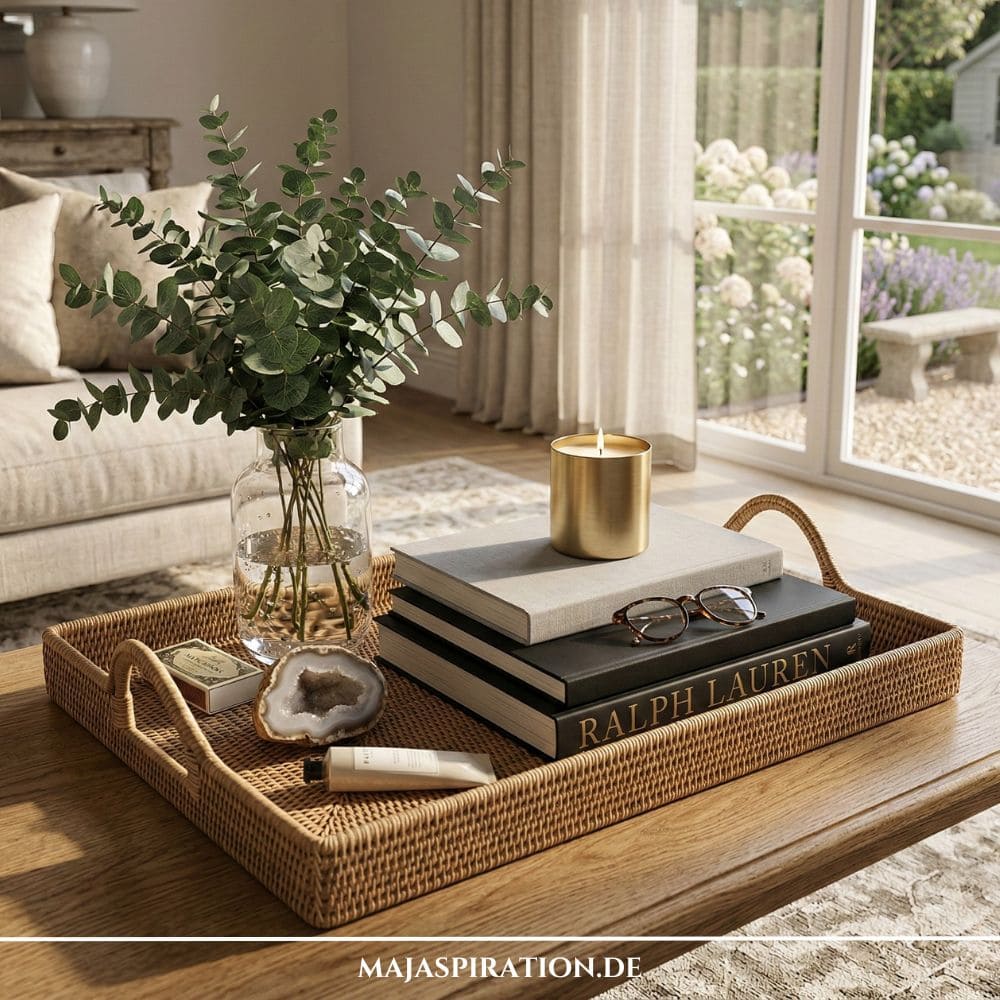 Rechteckiges Rattan-Tablett mit Griffen, Eukalyptus in Glasvase, Ralph Lauren Büchern und goldener Kerze als Tablett-Deko auf dem Couchtisch.