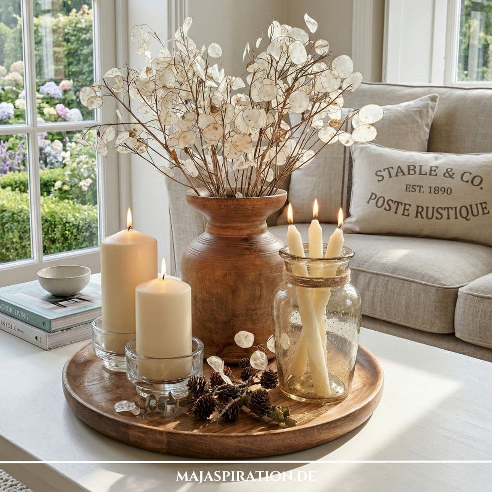 Rundes Holztablett mit bauchiger Holzvase, getrocknetem Silberblatt und verschiedenen cremefarbenen Kerzen als natürliche Tablett Deko Idee für den Couchtisch.