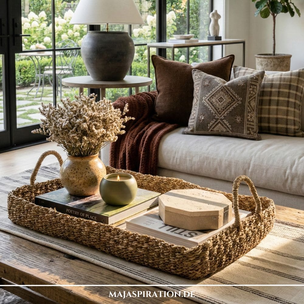 Großes geflochtenes Korb-Tablett mit Griffen als Tablett Deko auf Couchtisch mit getrockneten Blumen, grüner Kerze und Bildbänden.