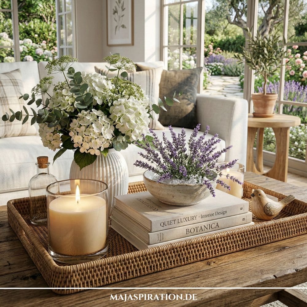 Großes Rattan-Tablett mit Lavendel in einer Steinschale, weißen Hortensien, Design-Büchern und großer Glas-Kerze als Tablett Deko auf Couchtisch.