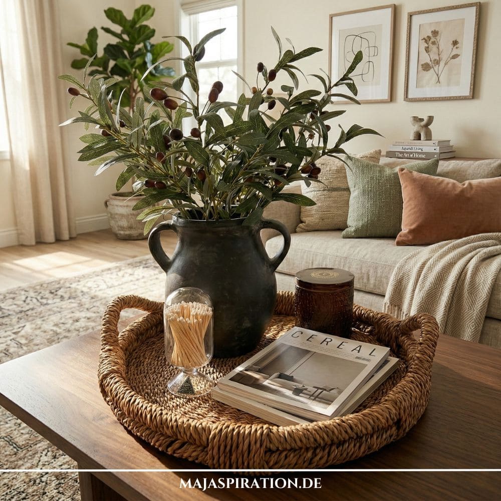 Rundes Flechttablett mit schwarzer Henkelvase, Olivenzweigen und Magazinen als mediterrane Tablett-Deko auf einem hölzernen Couchtisch