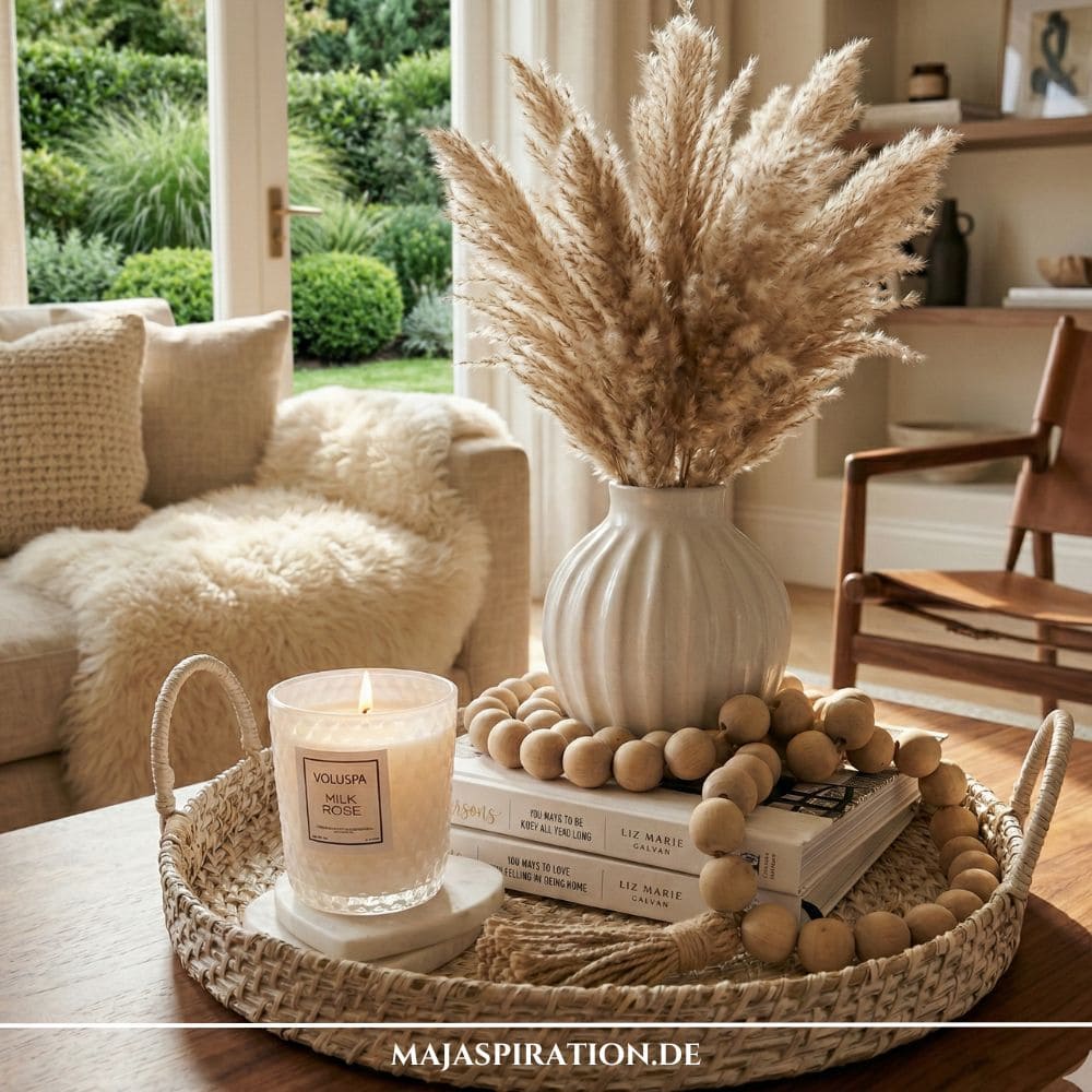Rundes helles Flechttablett mit weißer Vase, Pampasgras, hölzerner Perlenkette und Duftkerze als Tablett Deko auf dem Couchtisch im Boho-Stil.