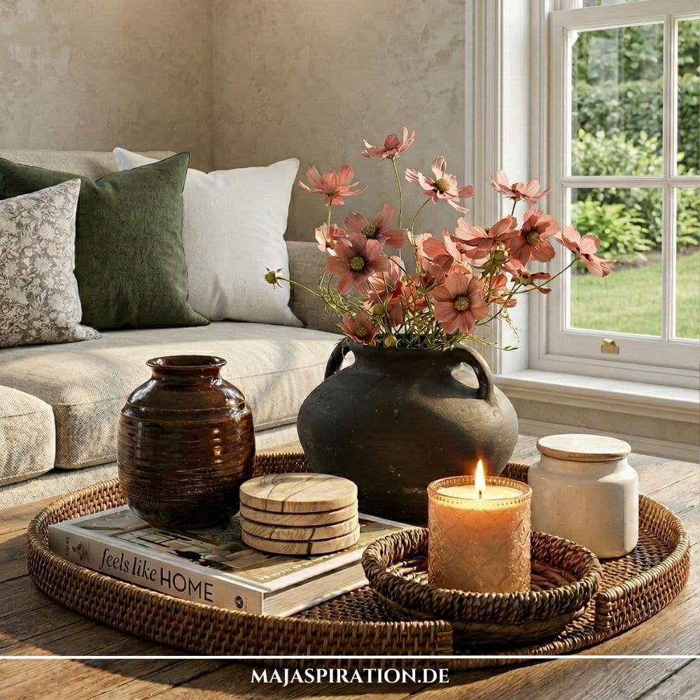 Großes rundes Rattan-Tablett mit kleinerem eingestellten Tablett, dunkler Keramikvase mit lachsfarbenen Blumen und Kerze als Tablett Deko auf Couchtisch.