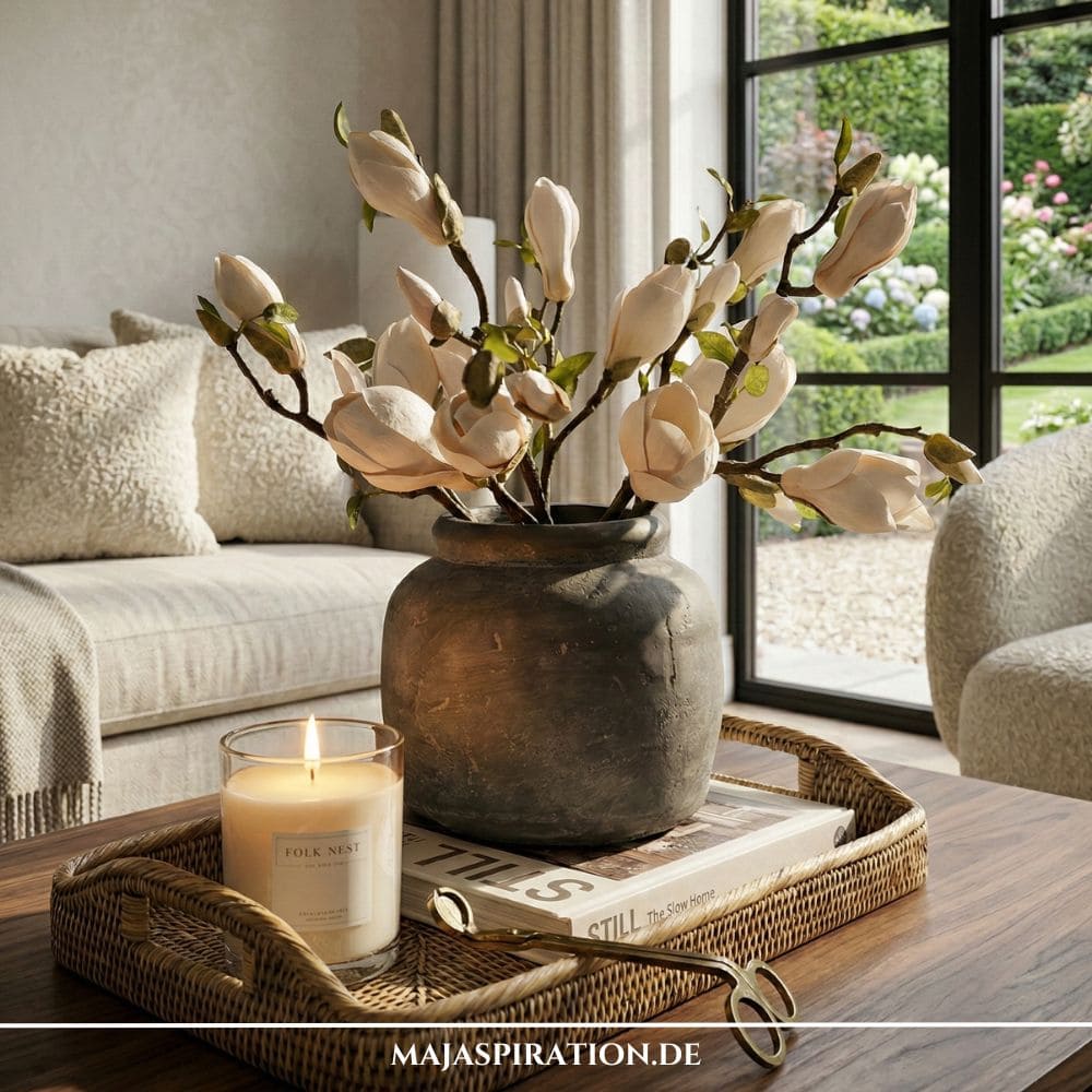 Rechteckiges Rattan-Tablett mit dunkler Vase, großen Magnolienblüten, Coffee Table Book und Kerze als Tablett Deko auf dem Couchtisch.