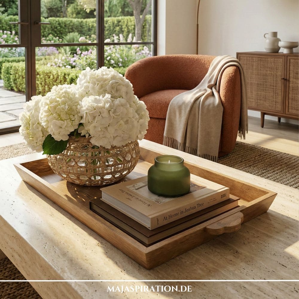 Rechteckiges Holztablett mit weißen Hortensien in einer Netzvase, grüner Kerze auf Büchern als Tablett Deko auf einem hellen Naturstein-Couchtisch.