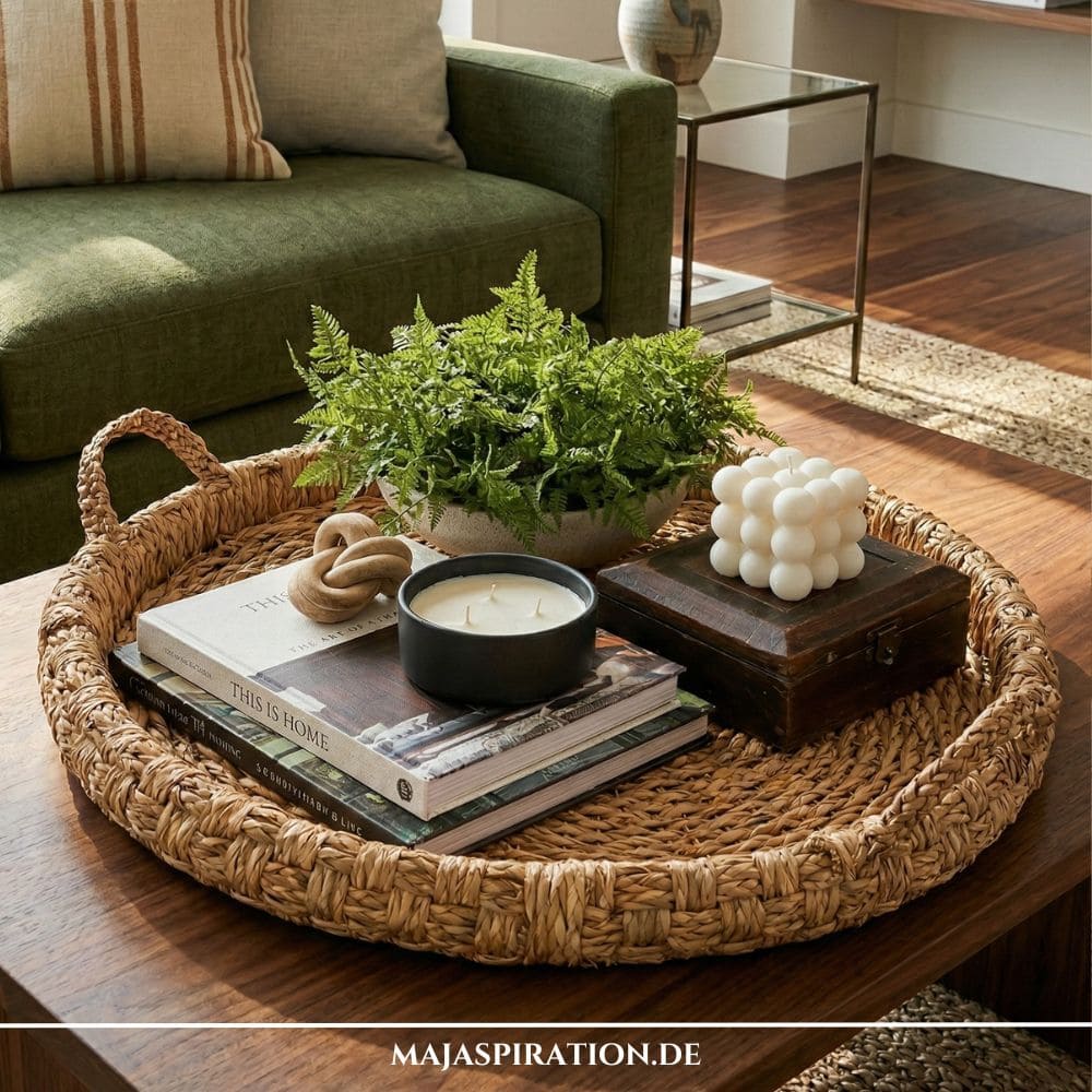 Rundes rustikales Flechttablett mit grünem Farn, weißer Bubble Candle auf einer Holzbox und Büchern als Tablett Deko auf dem Couchtisch.