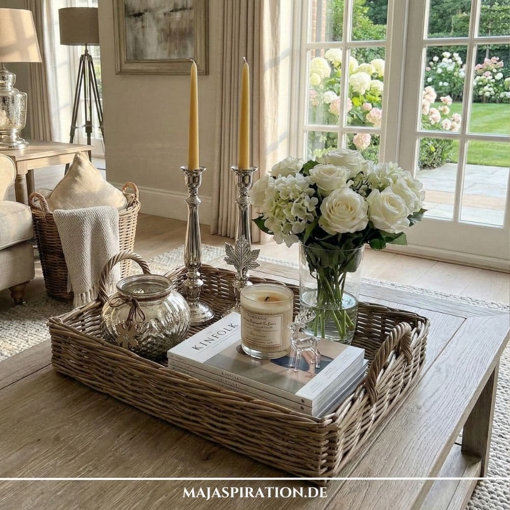 Graues Weidentablett mit silbernen Kerzenständern, weißen Rosen in einer Glasvase und Winter-Details als Tablett-Deko auf dem Couchtisch.