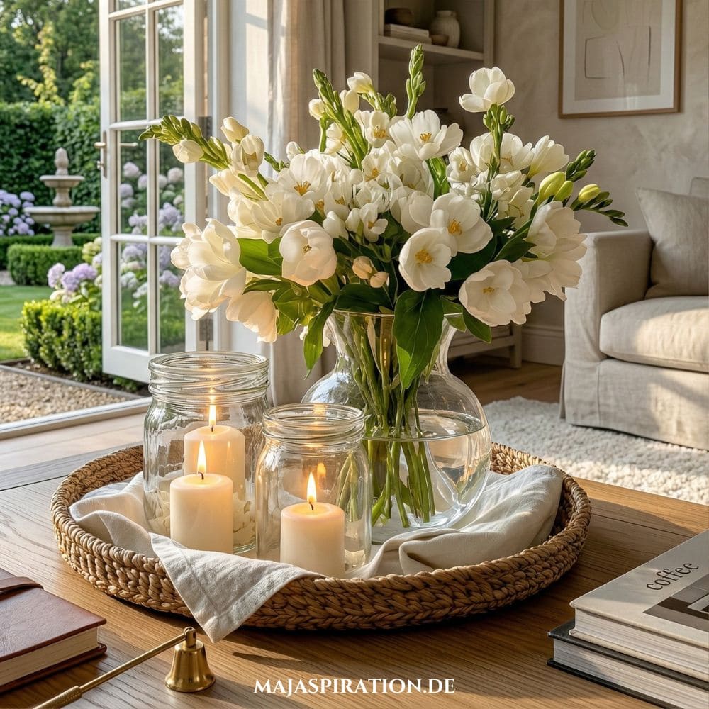 Rundes Flechttablett mit weißen Blumen in Glasvase und Kerzen als Tablett-Deko auf einem hölzernen Couchtisch
