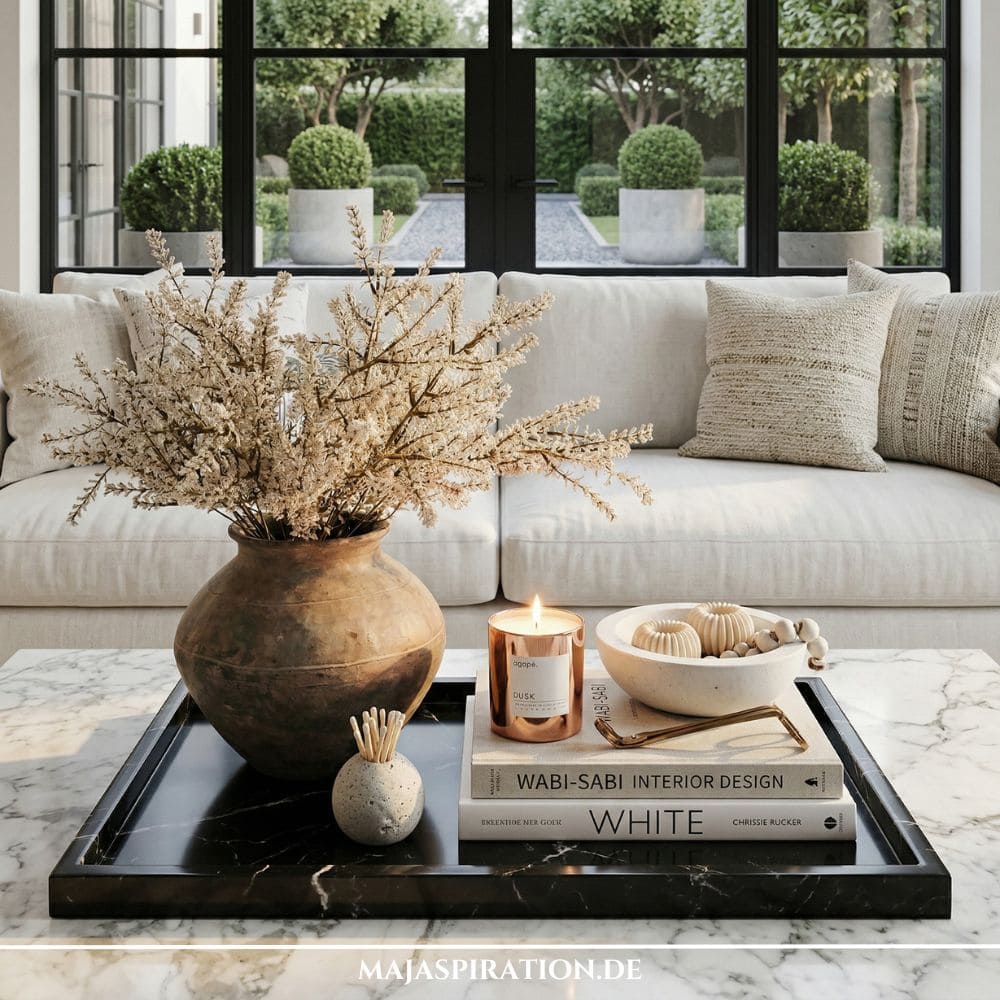 Schwarzes Marmortablett mit Wabi-Sabi Deko, Kerze auf Bildbänden und großer brauner Keramikvase als Couchtisch-Styling.