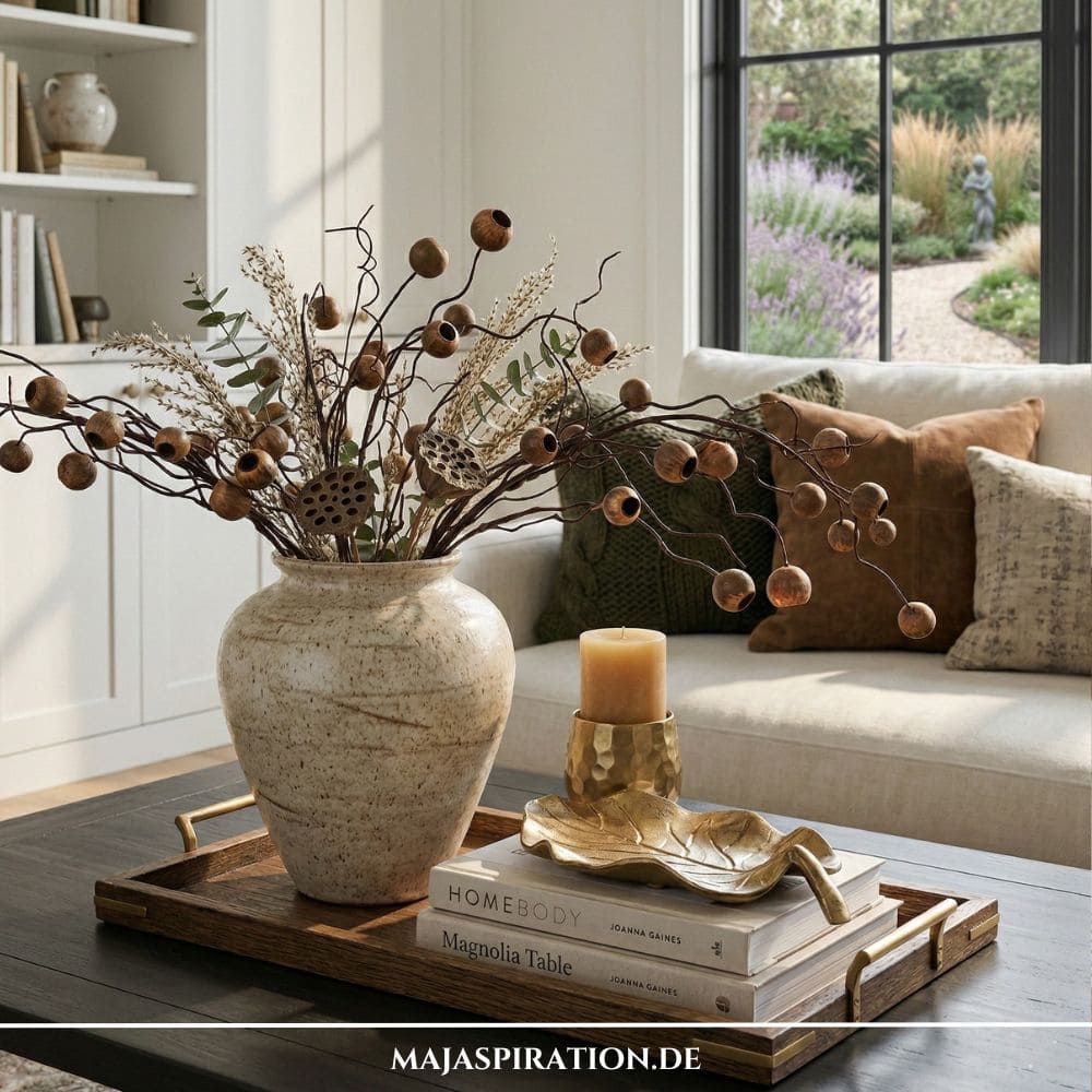 Rechteckiges Holztablett mit Goldgriffen, großer Keramikvase mit Naturzweigen, Büchern und goldener Dekoschale als Tablett-Deko auf dunklem Couchtisch.