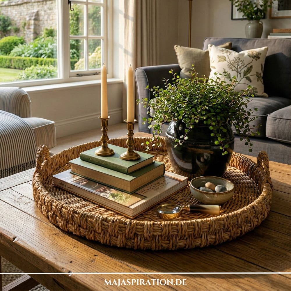 Rundes Rattan-Tablett auf einem rustikalen Holztisch mit grüner Pflanze, antiken Messingkerzenständer und Büchern als Tablett-Deko auf Couchtisch.