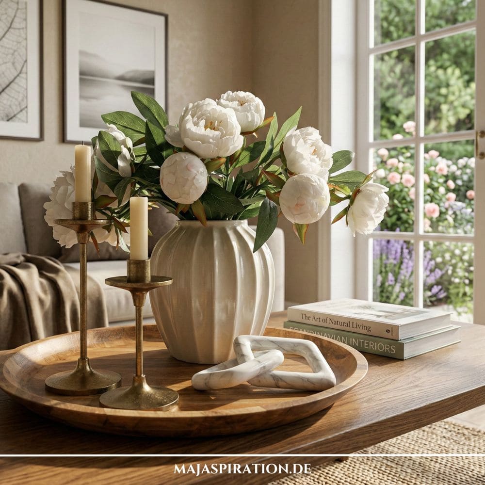 Rundes Holztablett mit weißer Riffelvase, Pfingstrosen und goldenen Kerzenständer als Tablett Deko für Couchtisch im modernen Scandi-Look.