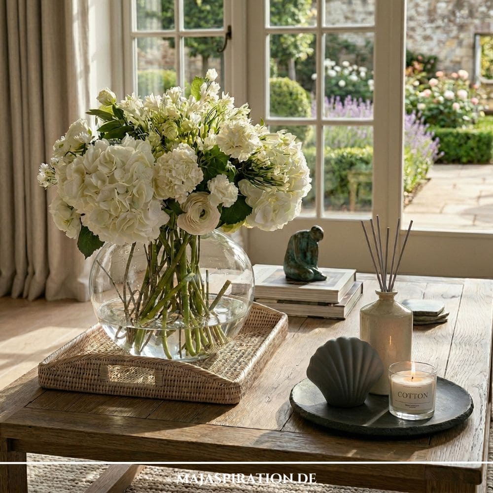 Tablett Deko auf Couchtisch mit rechteckigem Rattan-Tablett, großer runder Glasvase mit weißen Hortensien und separatem dunklem Dekoteller mit Kerze und Muschel.