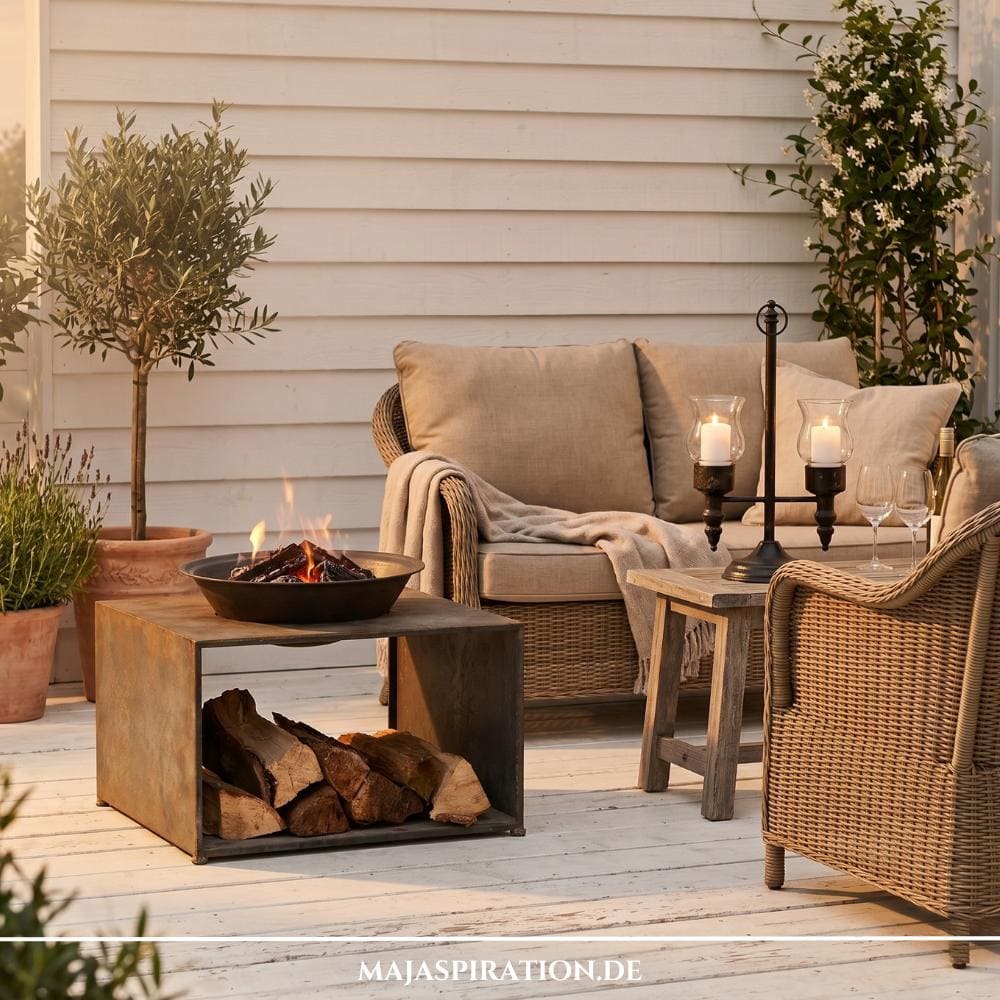 Romantische Gartenecke im Cottage-Stil mit Korbmöbeln, Olivenbaum und einer modernen, quadratischen Feuerschale mit Holzfach auf einer weißen Holzterrasse – ein Highlight der Gartentrends 2026.