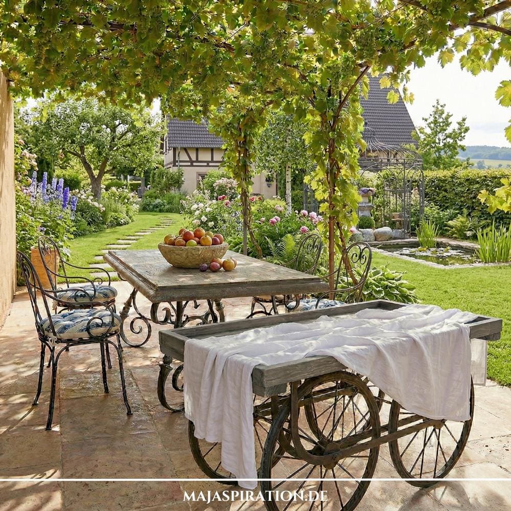 Rustikaler Garten-Essplatz unter Weinreben mit wettergegerbtem Holztisch und gusseisernen Stühlen. Trend-Beispiel für romantische Landhaus-Idylle bei Majaspiration.DE (Gartentrends 2026)