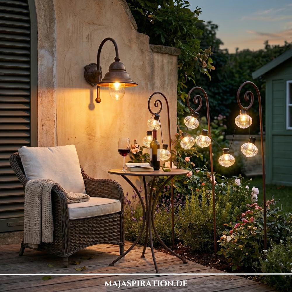 Gemütliche Leseecke im Cottage-Garten mit Korbsessel und sanfter Beleuchtung durch schwebende Lichterketten – ein inspirierendes Beispiel für die naturnahen Gartentrends 2026.