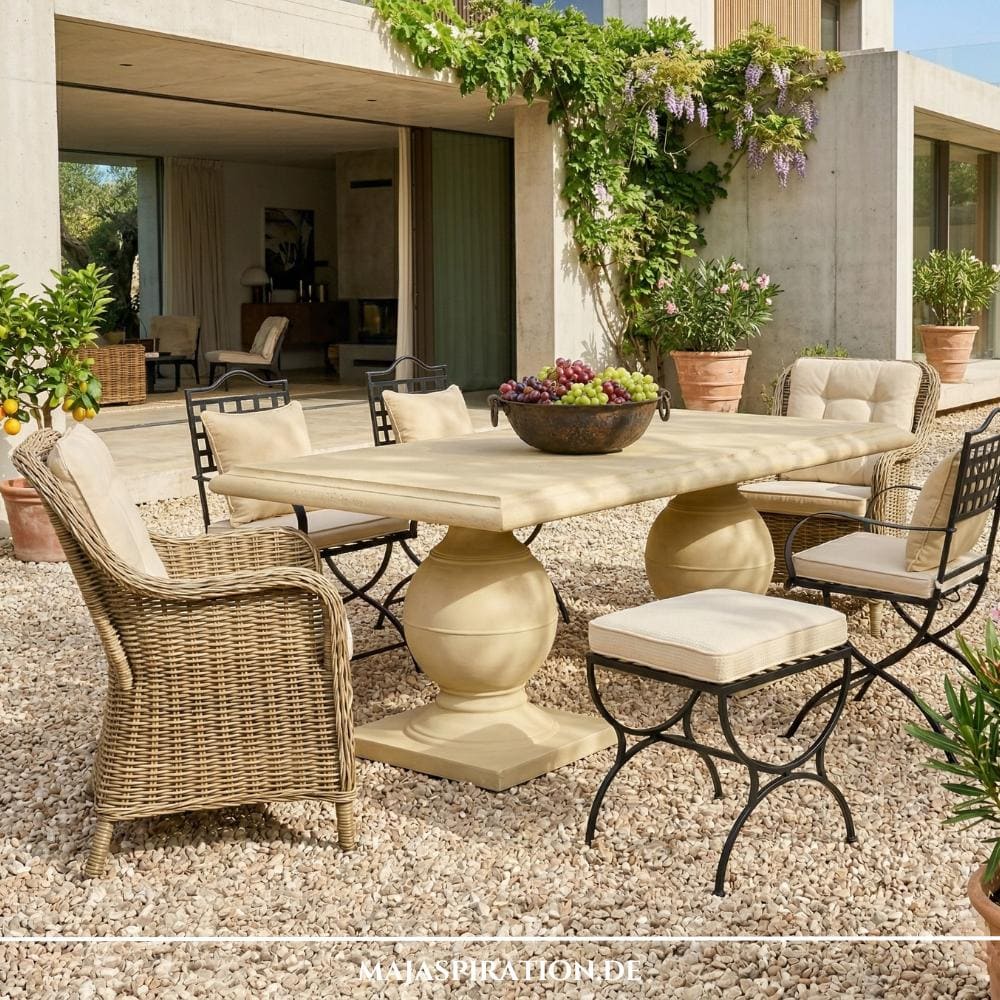 Mediterrane Gartengestaltung mit massivem Steintisch und verschiedenen Gartenstühlen auf Kies, inspiriert von den Gartentrends 2026 für eine romantische Landhaus-Idylle.