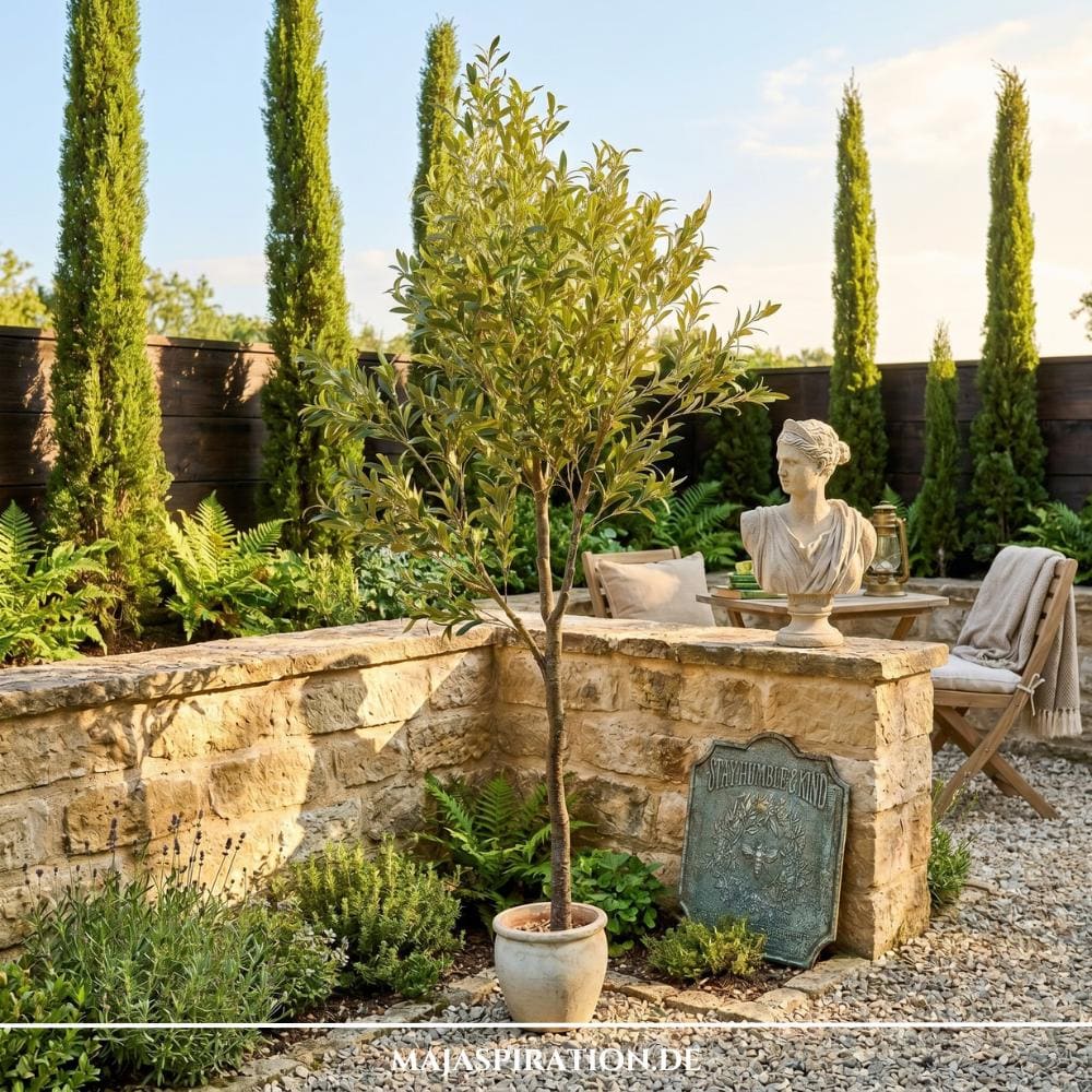 Ein mediterran gestalteter Gartenbereich als Beispiel für die Gartentrends 2026, mit einem jungen Olivenbaum im Kübel, einer antiken Statue auf einer Natursteinmauer und einem dekorativen Schild im Cottage-Stil.