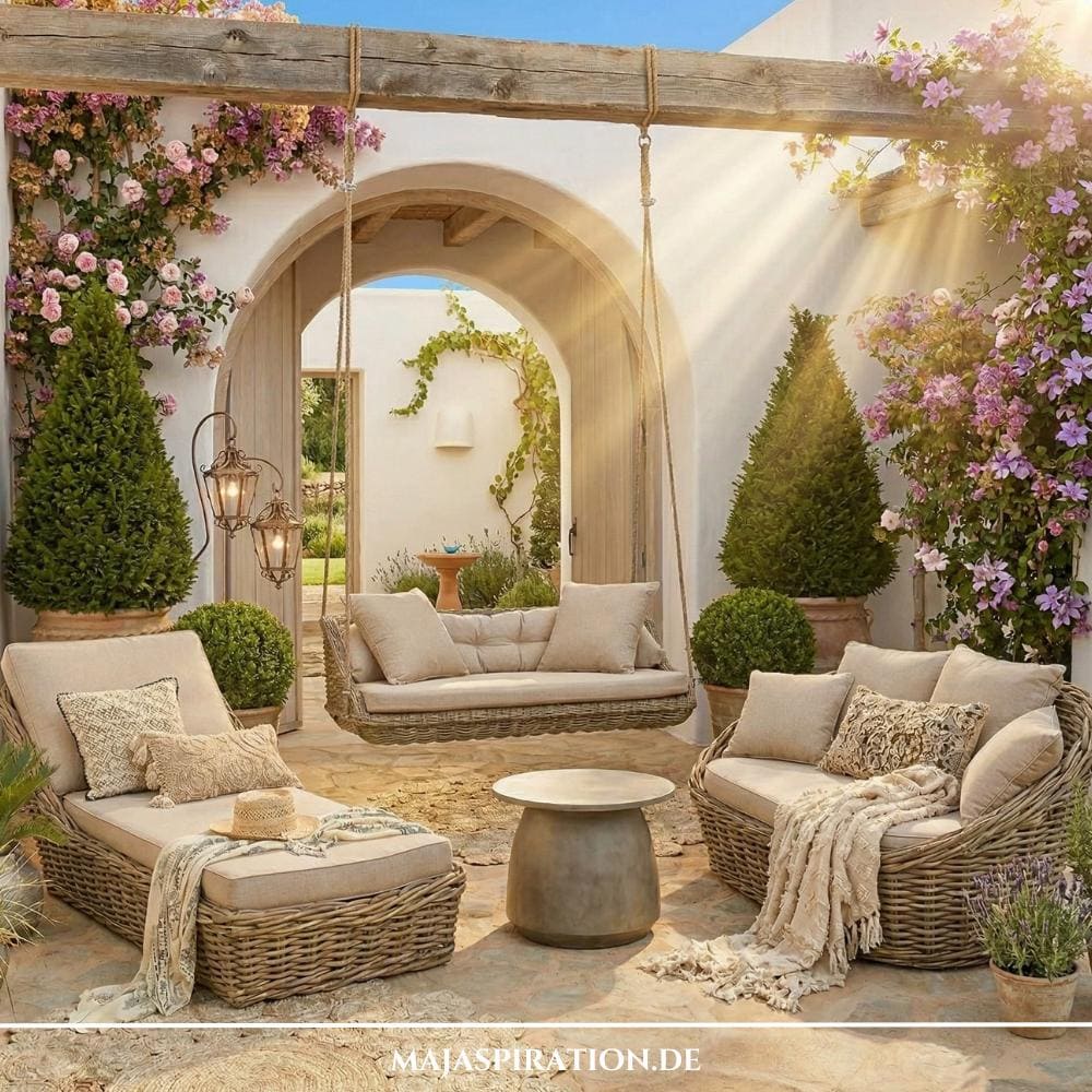 Luxuriöse Garten-Lounge mit Rattan-Hängeschaukel, Sonnenliege und mediterranen Rundbögen. Inspiration für die Gartentrends 2026 und romantische Landhaus-Idylle von MAJASPIRATION.DE.