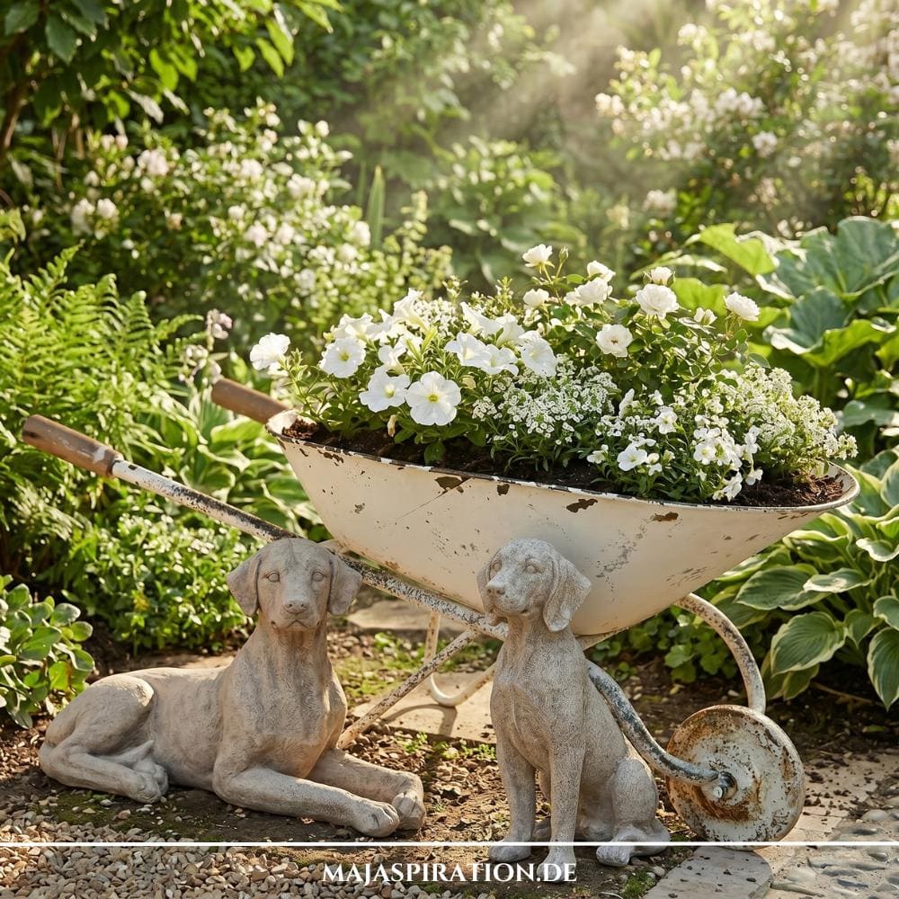 Kreative Cottage-Gartengestaltung im Sinne der Gartentrends 2026, mit einer bepflanzten Vintage-Schubkarre und zwei dekorativen Steinhunden in einem üppigen, sonnendurchfluteten Blumenbeet.
