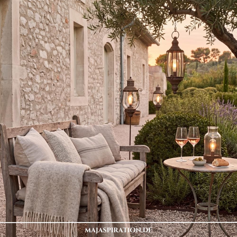 Romantische Terrassengestaltung im Cottage-Stil mit rustikaler Holzbank, Natursteinwand und antiken Außenleuchten als Gartentrends 2026.