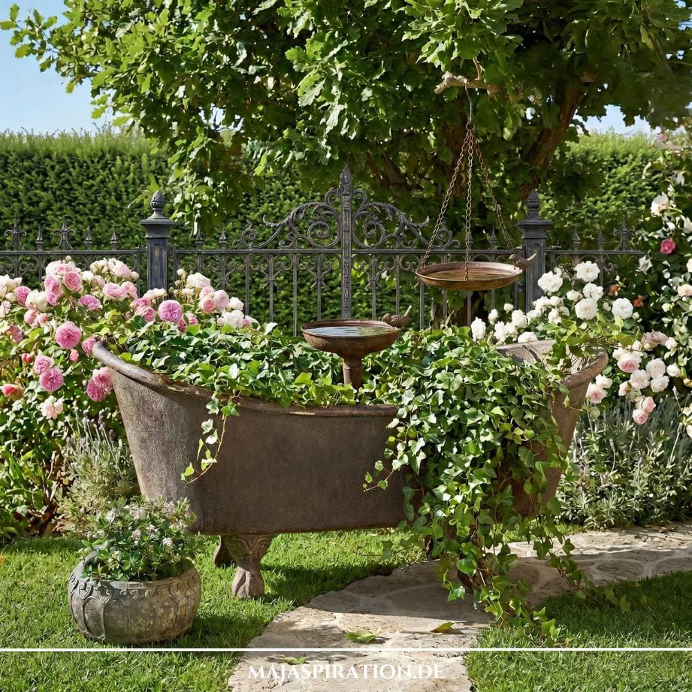 Romantische Gartendeko im Cottage-Stil als Beispiel für die Gartentrends 2026: Eine antike, bepflanzte Metall-Badewanne mit Efeu und Rosen, ergänzt durch zwei rustikale Vogeltränken vor einem nostalgischen Zaun.